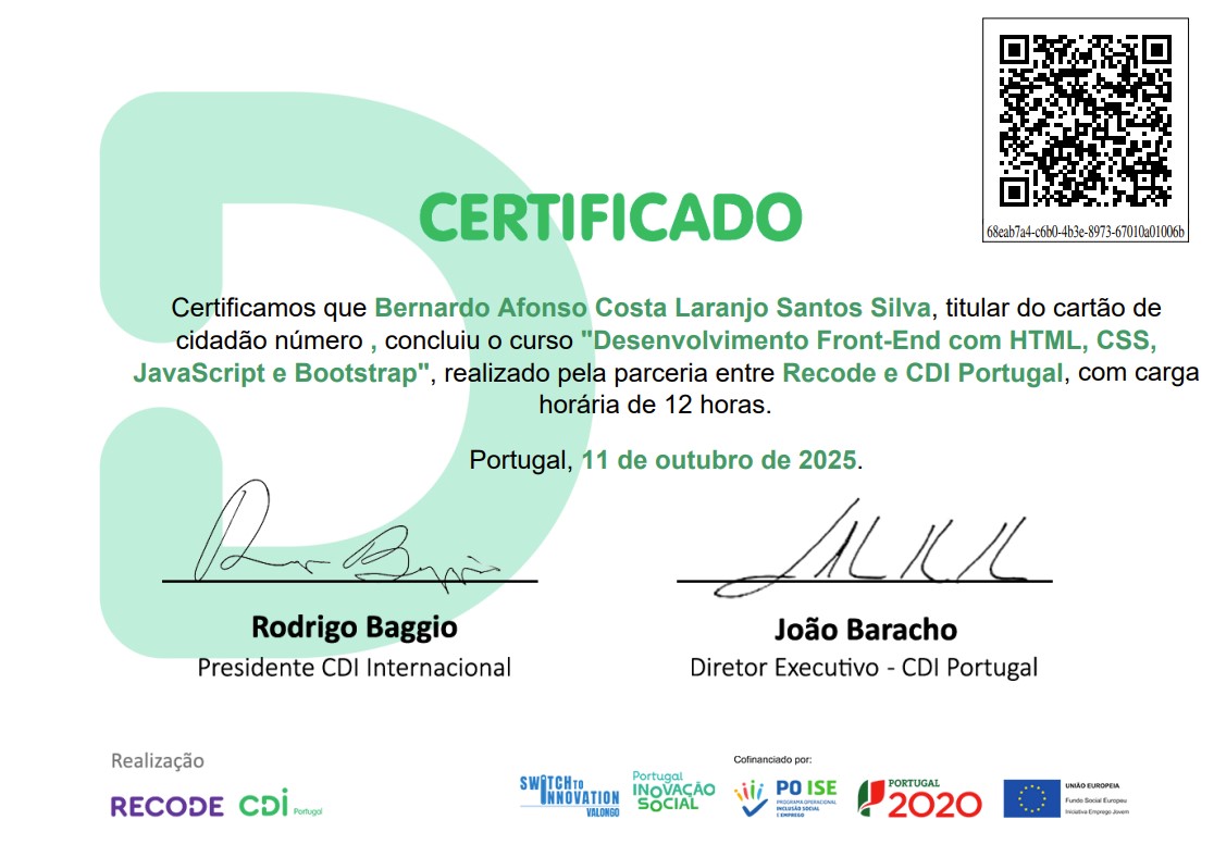 Certificado - Desenvolvimento Front End com HTML, CSS, JavaScript e Bootstrap
